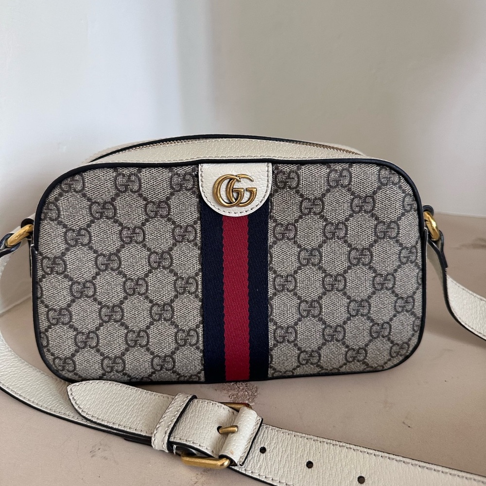 Gucci Beige and Navy Crossbody Bag with Red Stripe